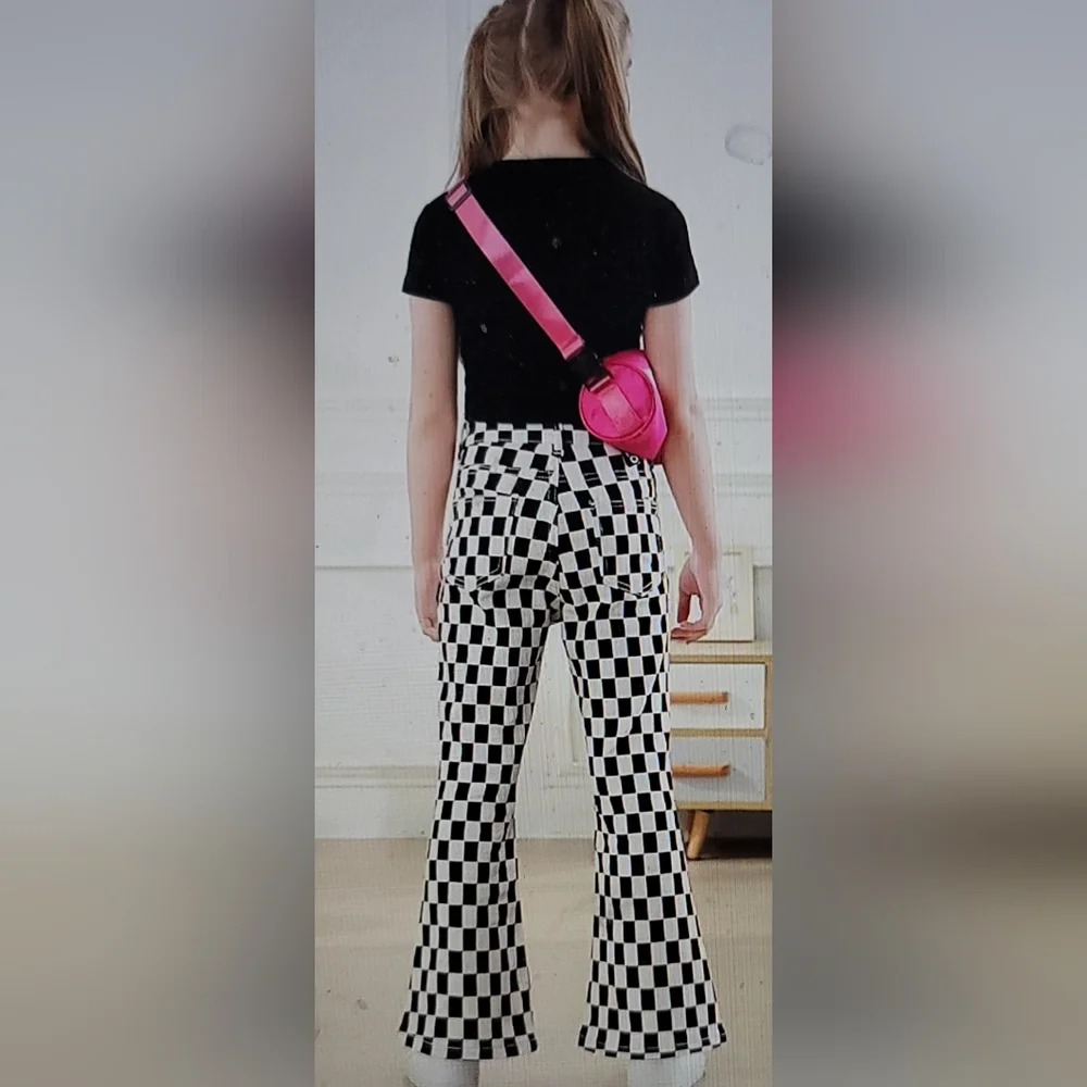 NwT. GIRLS stretch 70s bell bottom flare pants checkered size 10 - Picture 2 of 12